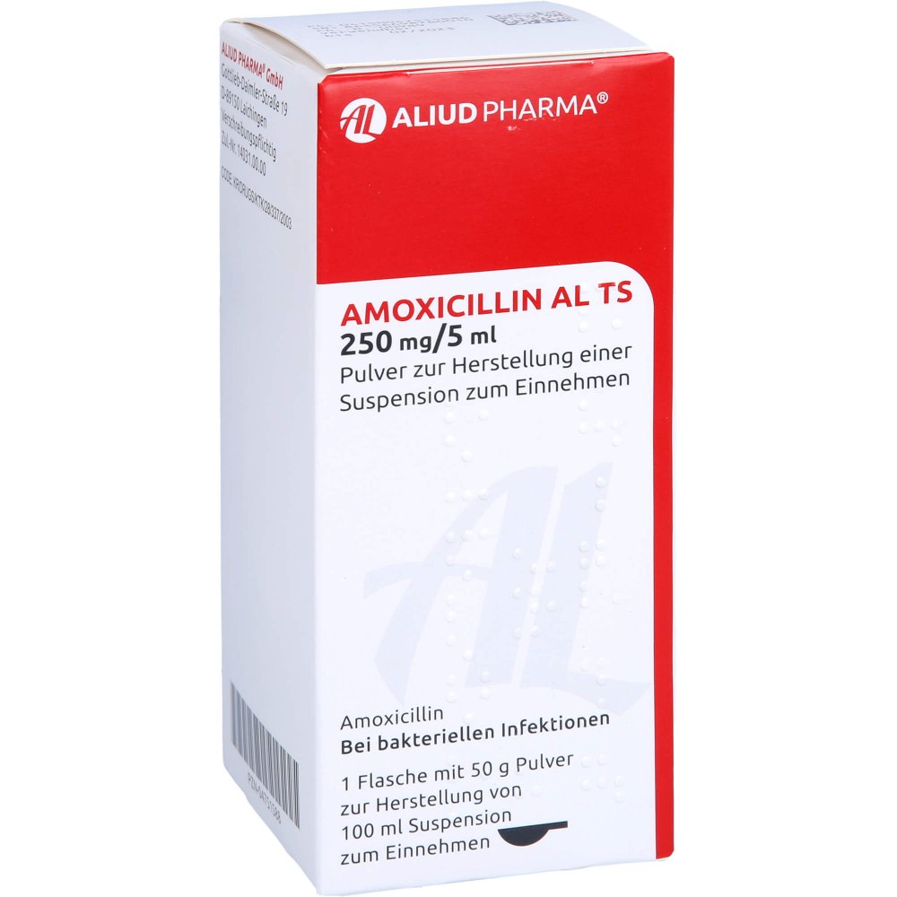 Das Produktfoto zeigt Amoxicillin Al Ts Pulver Z.Herstell.E.Susp.Z.Einn. (100 ml) PZN 04751588