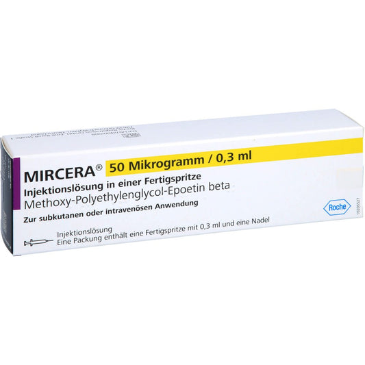 Das Produktfoto zeigt Mircera 50 Mikrogramm/0,3 Ml Inj.-Lsg.I.E.F.-Sp. (1 stk) PZN 04761196
