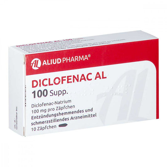 Das Produktfoto zeigt Diclofenac Al 100 Suppositorien (10 stk) PZN 04765656