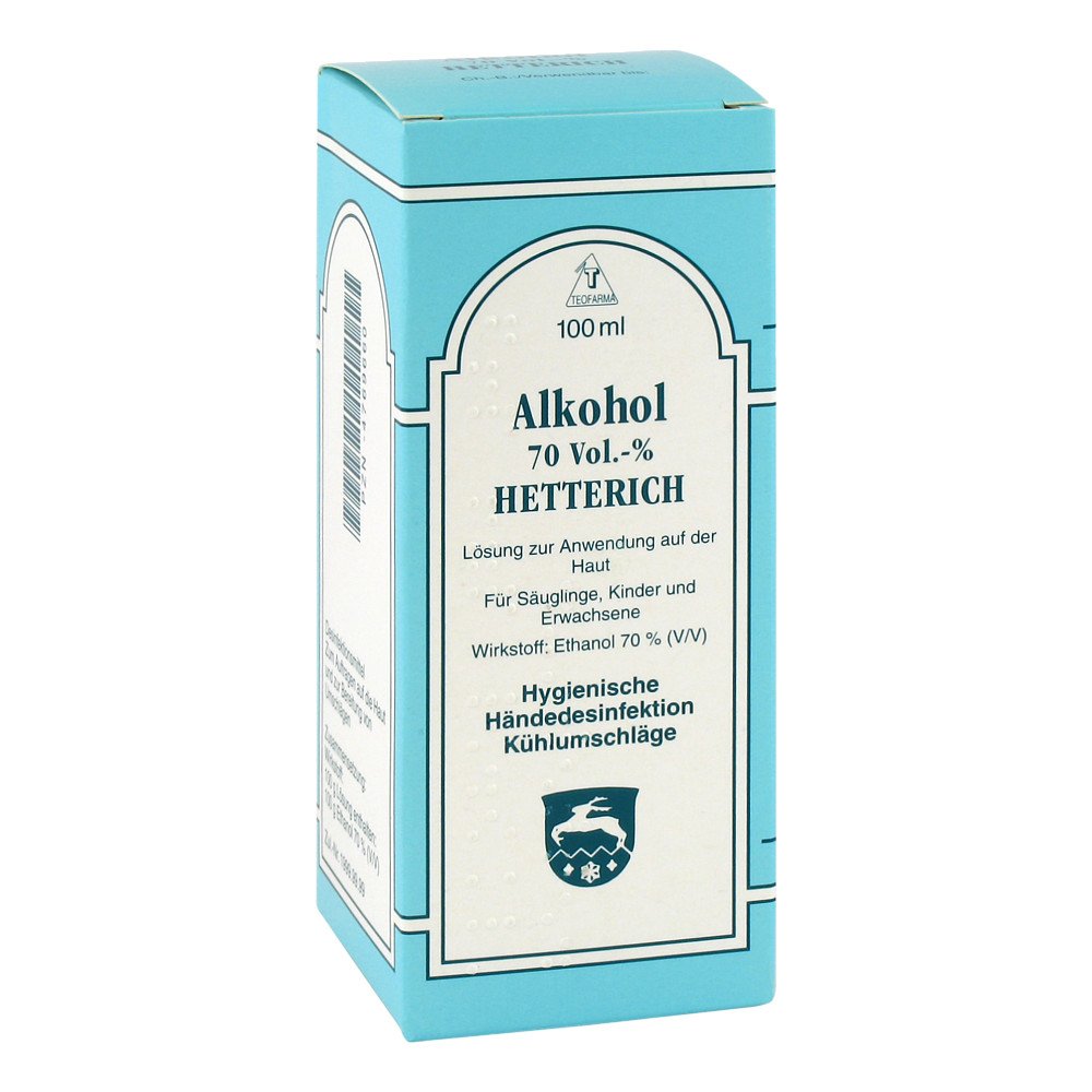 Das Produktfoto zeigt Alkohol 70% V/V Hetterich (100 ml) PZN 04769660