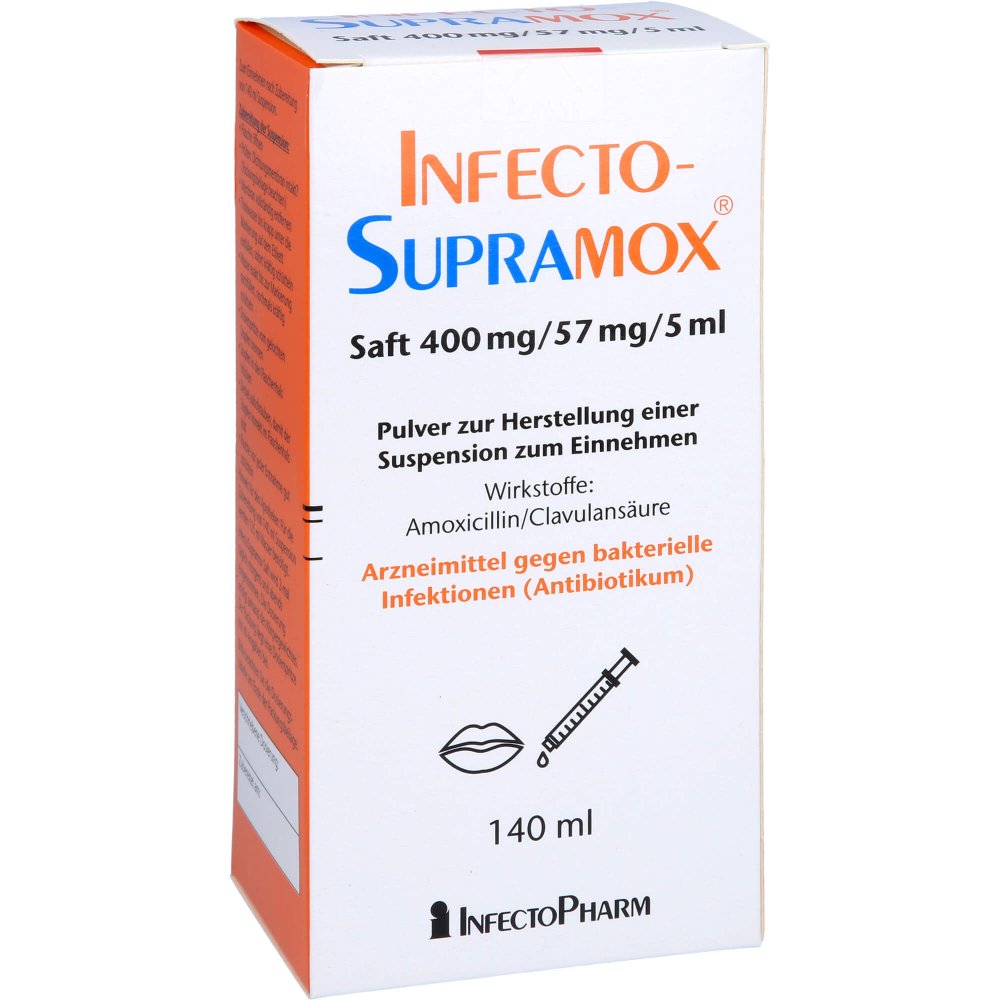 Das Produktfoto zeigt Infectosupramox 400/57mg/5ml Saft (140 ml) PZN 04771651