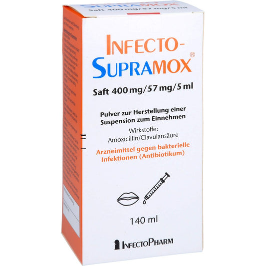 Das Produktfoto zeigt Infectosupramox 400/57mg/5ml Saft (140 ml) PZN 04771651