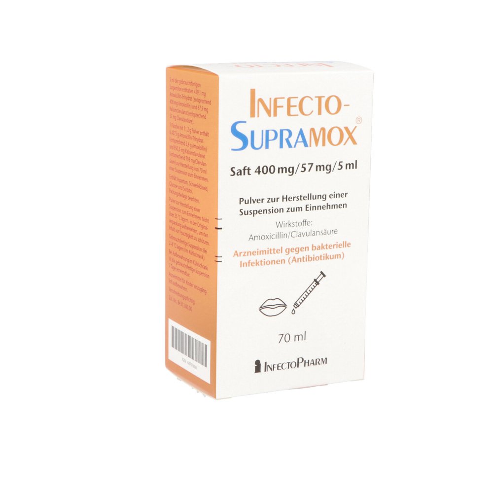 Das Produktfoto zeigt Infectosupramox 400/57mg/5ml Saft (70 ml) PZN 04771680