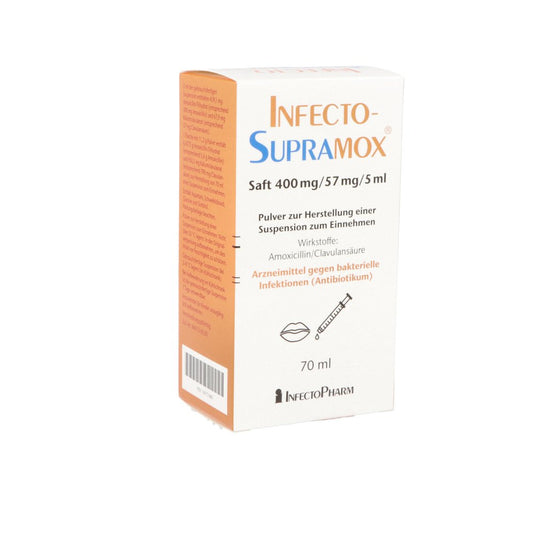 Das Produktfoto zeigt Infectosupramox 400/57mg/5ml Saft (70 ml) PZN 04771680