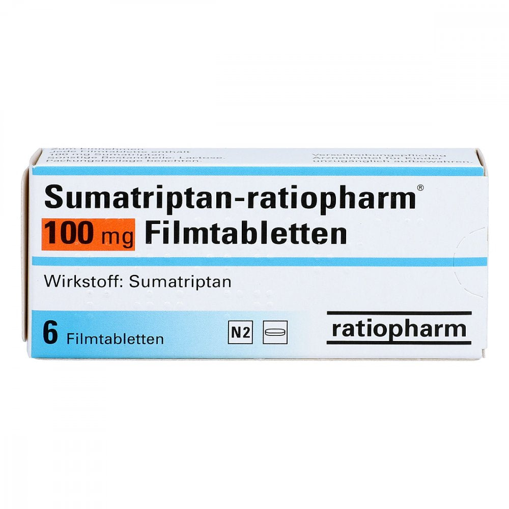 Das Produktfoto zeigt Sumatriptan-Ratiopharm 100 Mg Filmtabletten (6 stk) PZN 04779730