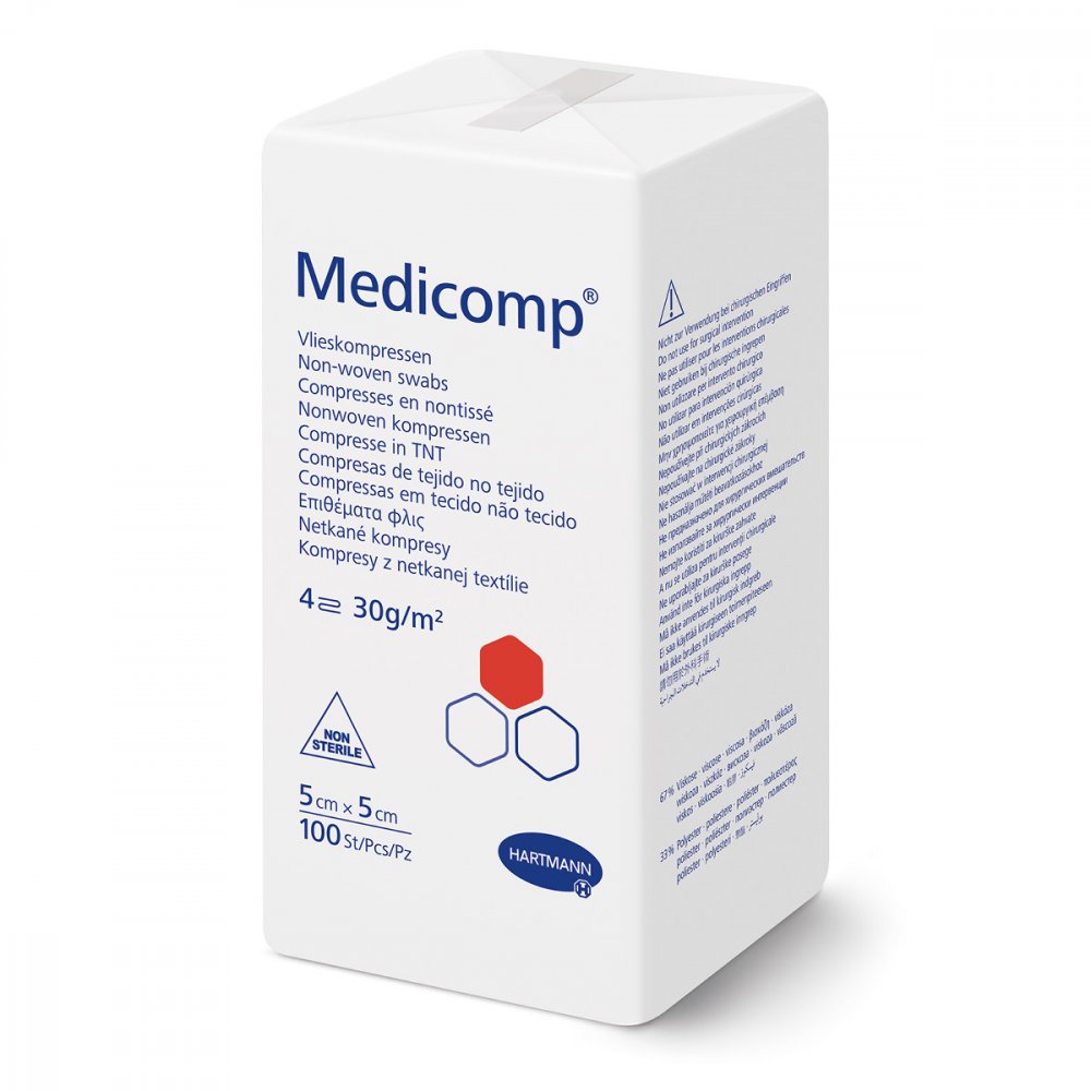 Das Produktfoto zeigt Medicomp Vlieskomp.Unsteril 5x5 Cm 4fach (100 stk) PZN 04783832