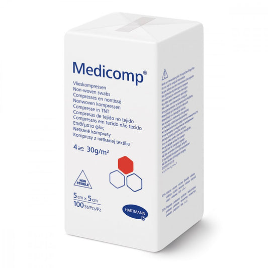 Das Produktfoto zeigt Medicomp Vlieskomp.Unsteril 5x5 Cm 4fach (100 stk) PZN 04783832
