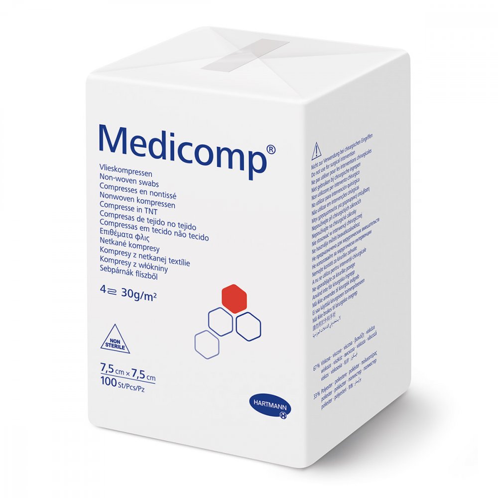 Das Produktfoto zeigt Medicomp Vlieskomp.Unsteril 7,5x7,5 Cm 4fach (100 stk) PZN 04783849