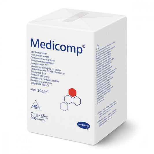 Das Produktfoto zeigt Medicomp Vlieskomp.Unsteril 7,5x7,5 Cm 4fach (100 stk) PZN 04783849