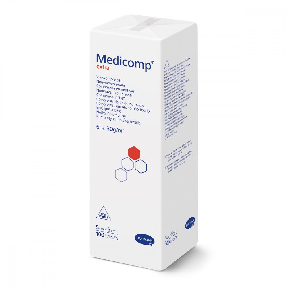 Das Produktfoto zeigt Medicomp Extra Vlieskomp.Unsteril 5x5 Cm 6fach (100 stk) PZN 04783915
