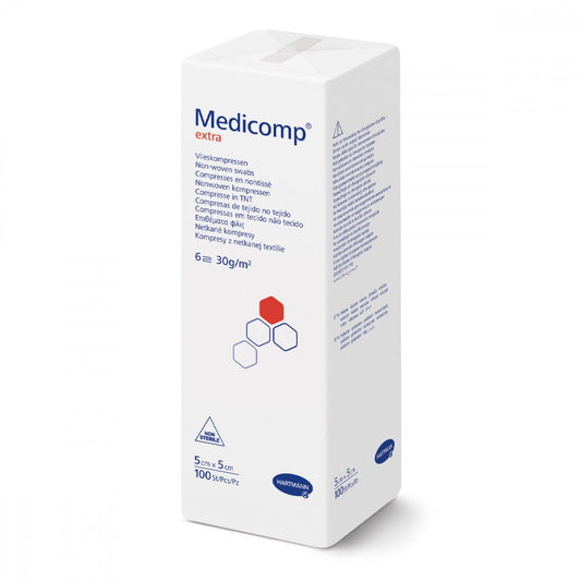 Das Produktfoto zeigt Medicomp Extra Vlieskomp.Unsteril 5x5 Cm 6fach (100 stk) PZN 04783915