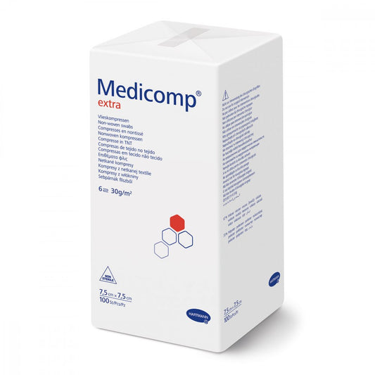 Das Produktfoto zeigt Medicomp Extra Vlieskomp.Unsteril 7,5x7,5 Cm 6fach (100 stk) PZN 04783921
