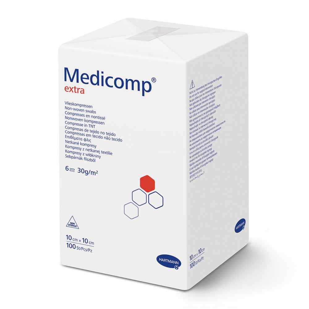 Das Produktfoto zeigt Medicomp Extra Vlieskomp.Unsteril 10x10 Cm 6fach (100 stk) PZN 04783938