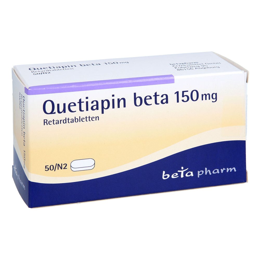 Das Produktfoto zeigt Quetiapin Beta 150 Mg Retardtabletten (50 stk) PZN 04787830