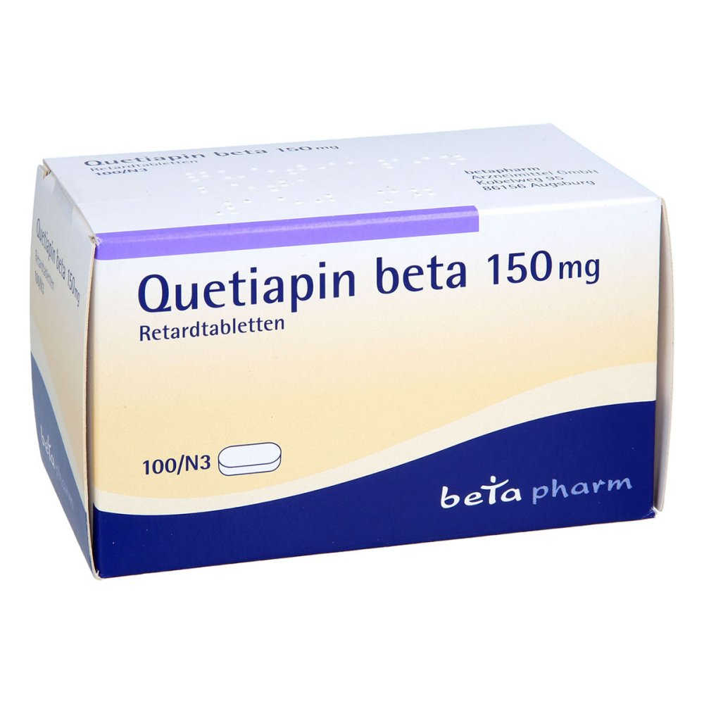 Das Produktfoto zeigt Quetiapin Beta 150 Mg Retardtabletten (100 stk) PZN 04787847