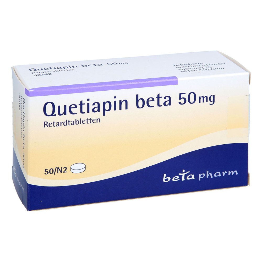 Das Produktfoto zeigt Quetiapin Beta 50 Mg Retardtabletten (50 stk) PZN 04787876