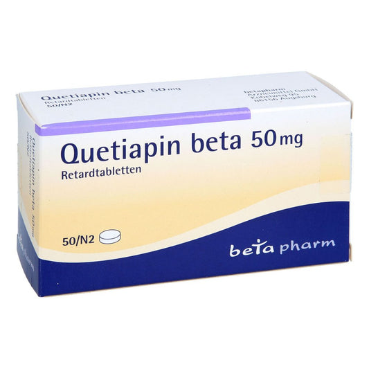 Das Produktfoto zeigt Quetiapin Beta 50 Mg Retardtabletten (50 stk) PZN 04787876