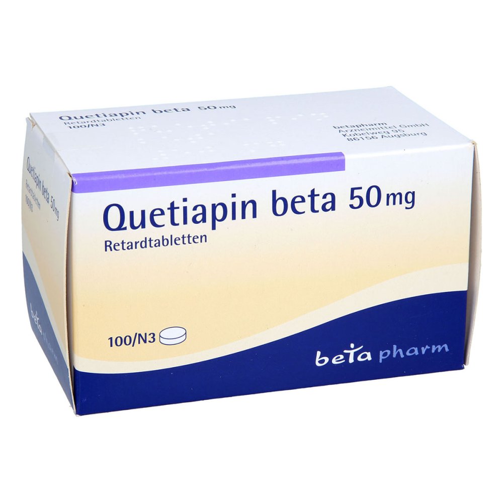 Das Produktfoto zeigt Quetiapin Beta 50 Mg Retardtabletten (100 stk) PZN 04787899