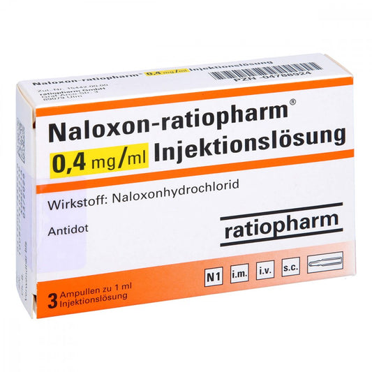 Das Produktfoto zeigt Naloxon-Ratiopharm 0,4 Mg/Ml Injektionslösung Amp. (3 stk) PZN 04788924