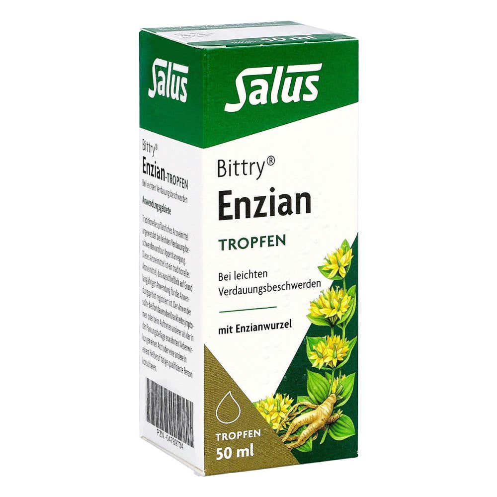 Das Produktfoto zeigt Bittry Enzian-Tropfen B.Leicht.Verdauungsbeschw. (50 ml) PZN 04789734