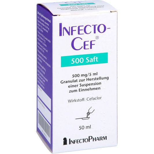 Das Produktfoto zeigt Infectocef 500 Saft Gran.Z.Herstell.E.Susp.Z.Einn. (50 ml) PZN 04834512