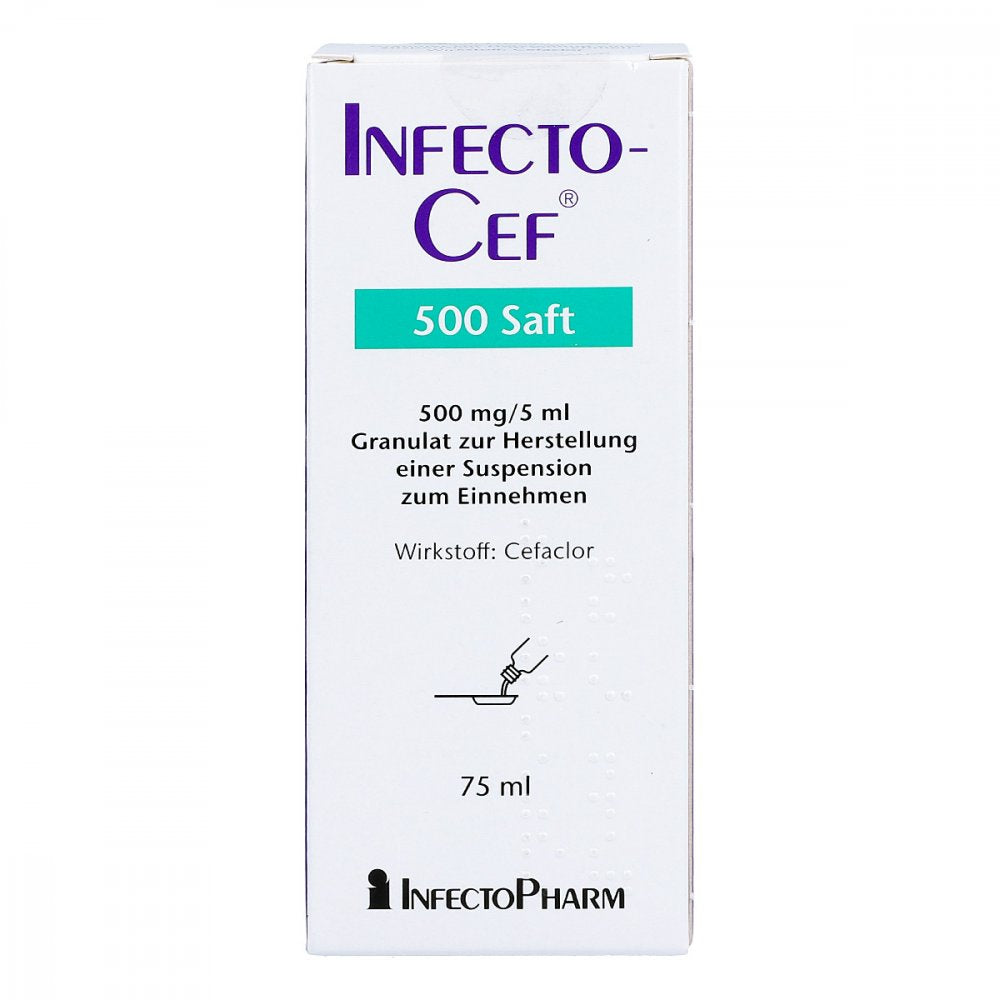 Das Produktfoto zeigt Infectocef 500 Saft Gran.Z.Herstell.E.Susp.Z.Einn. (75 ml) PZN 04834529