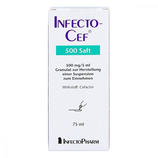 Das Produktfoto zeigt Infectocef 500 Saft Gran.Z.Herstell.E.Susp.Z.Einn. (75 ml) PZN 04834529