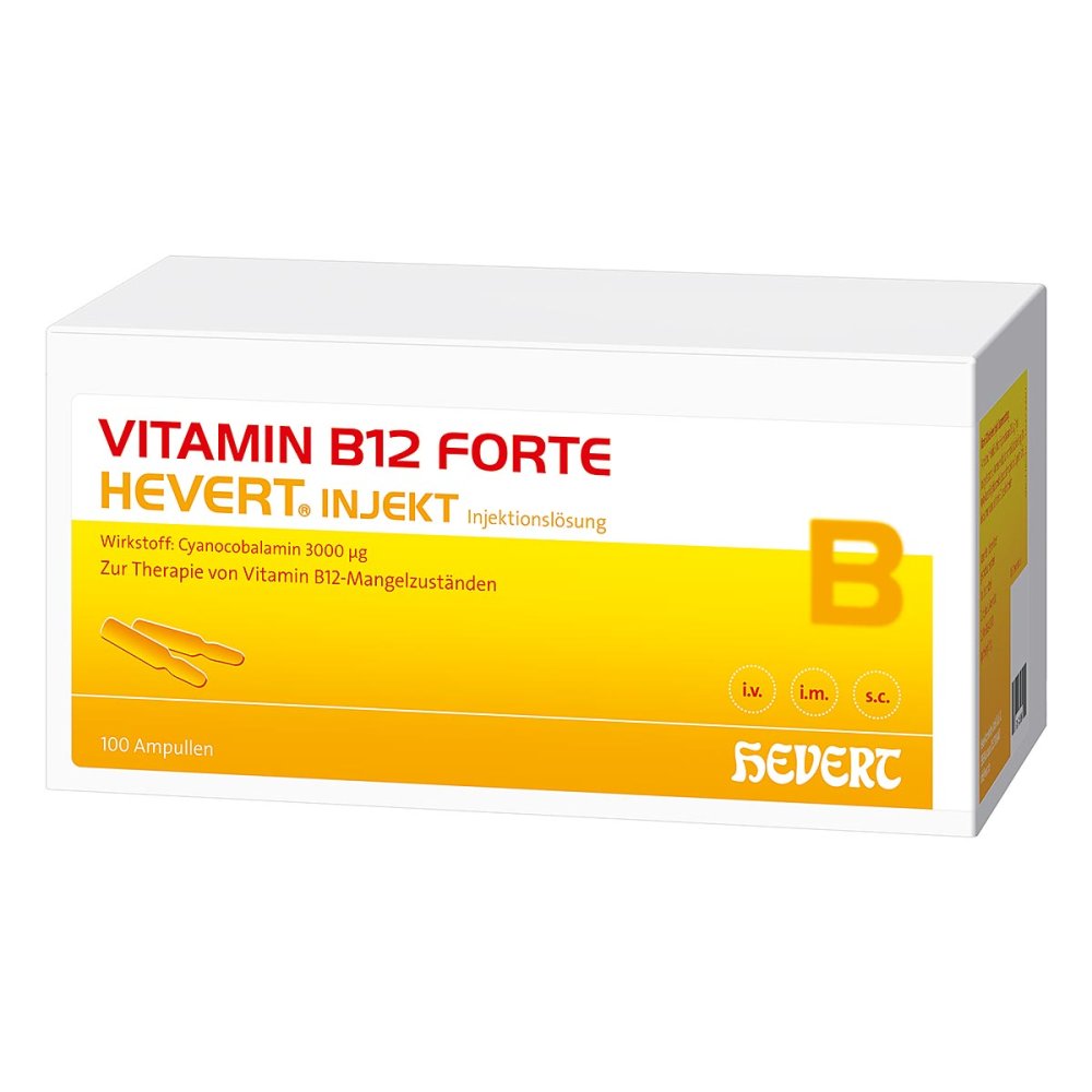Das Produktfoto zeigt Vitamin B12 Forte Hevert Injekt Inj.-Lsg.Amp. (100X2 ml) PZN 04836103