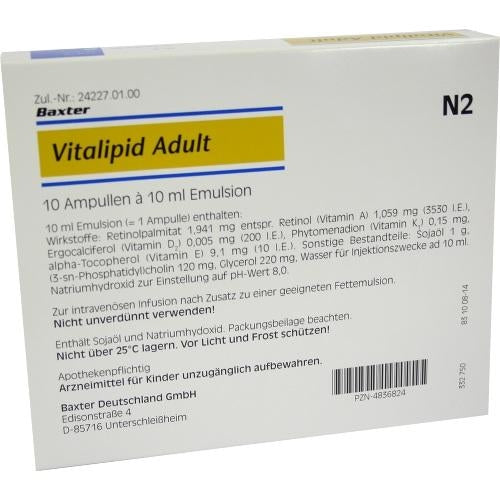 Das Produktfoto zeigt Vitalipid Adult Emulsion Zur Infusion Ampullen (10X10 ml) PZN 04836824