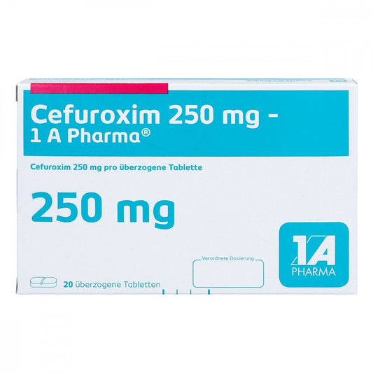 Das Produktfoto zeigt Cefuroxim 250 Mg-1a Pharma Überzogene Tabletten (20 stk) PZN 04841506