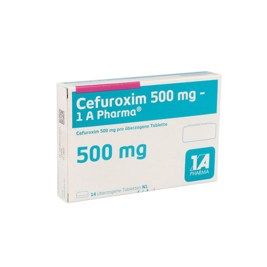 Das Produktfoto zeigt Cefuroxim 500 Mg-1a Pharma Überzogene Tabletten (14 stk) PZN 04841512