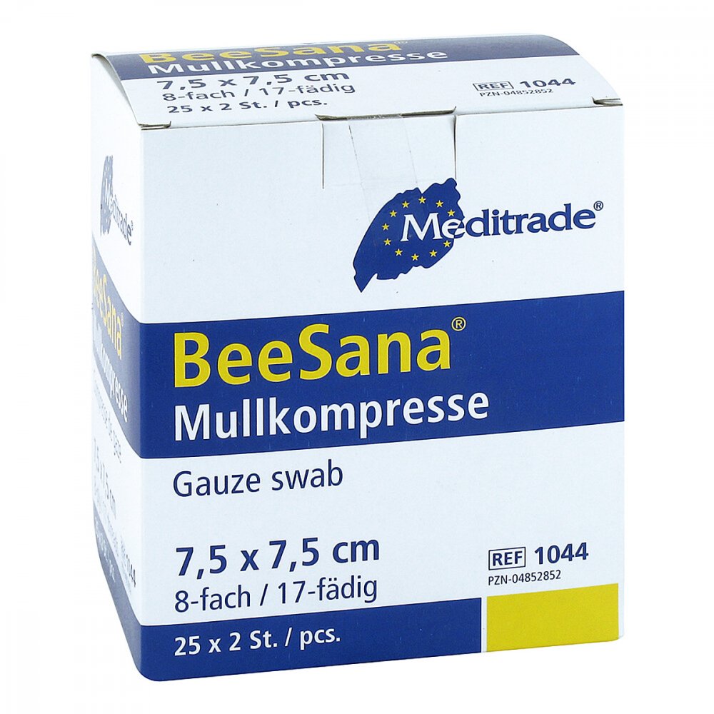 Das Produktfoto zeigt Mullkompressen 7,5x7,5 Cm Steril 8fach (25X2 stk) PZN 04852852
