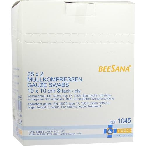 Das Produktfoto zeigt Mullkompressen 10x10 Cm Steril 8fach (25X2 stk) PZN 04852869