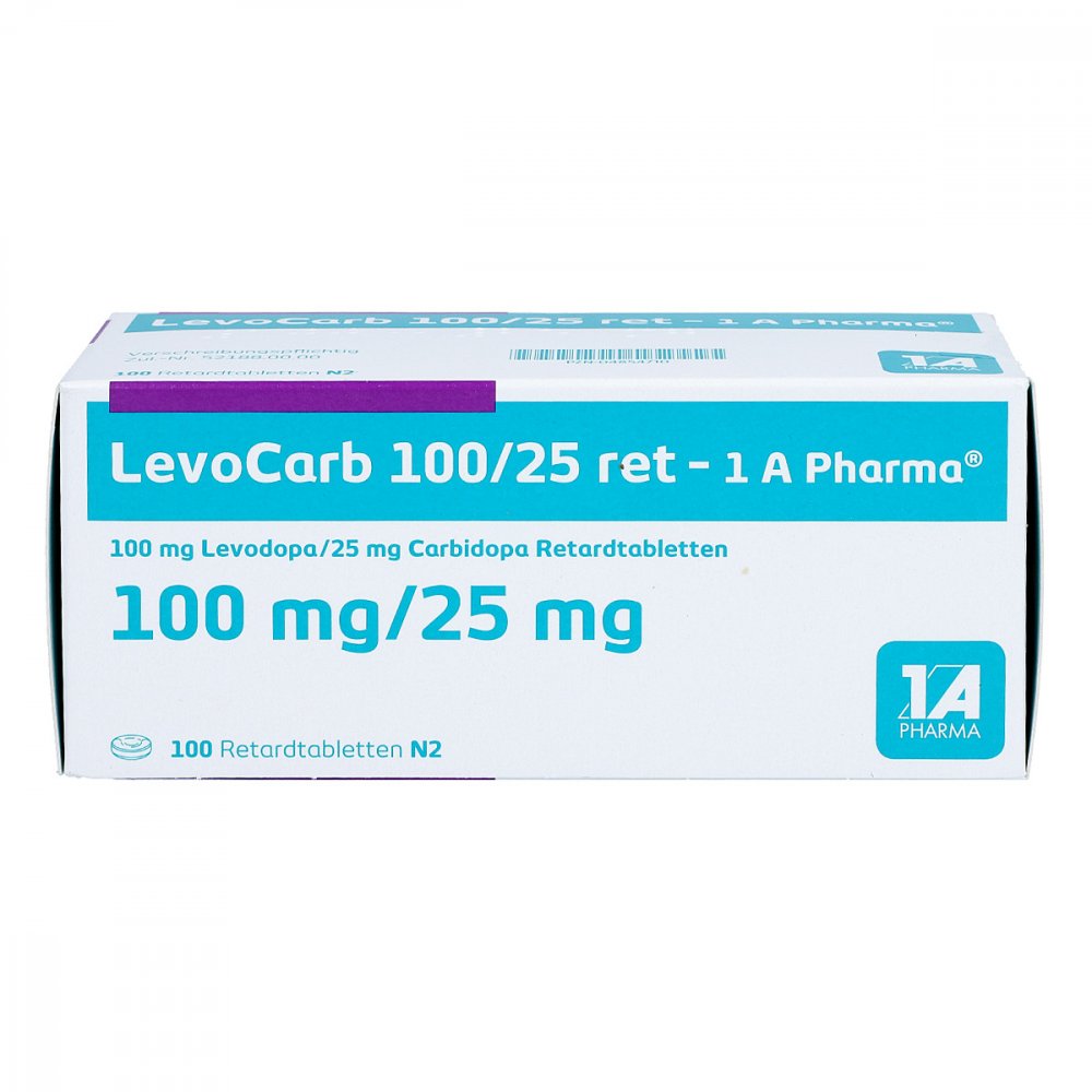 Das Produktfoto zeigt Levocarb 100/25 Ret-1a Pharma Retardtabletten (100 stk) PZN 04854710