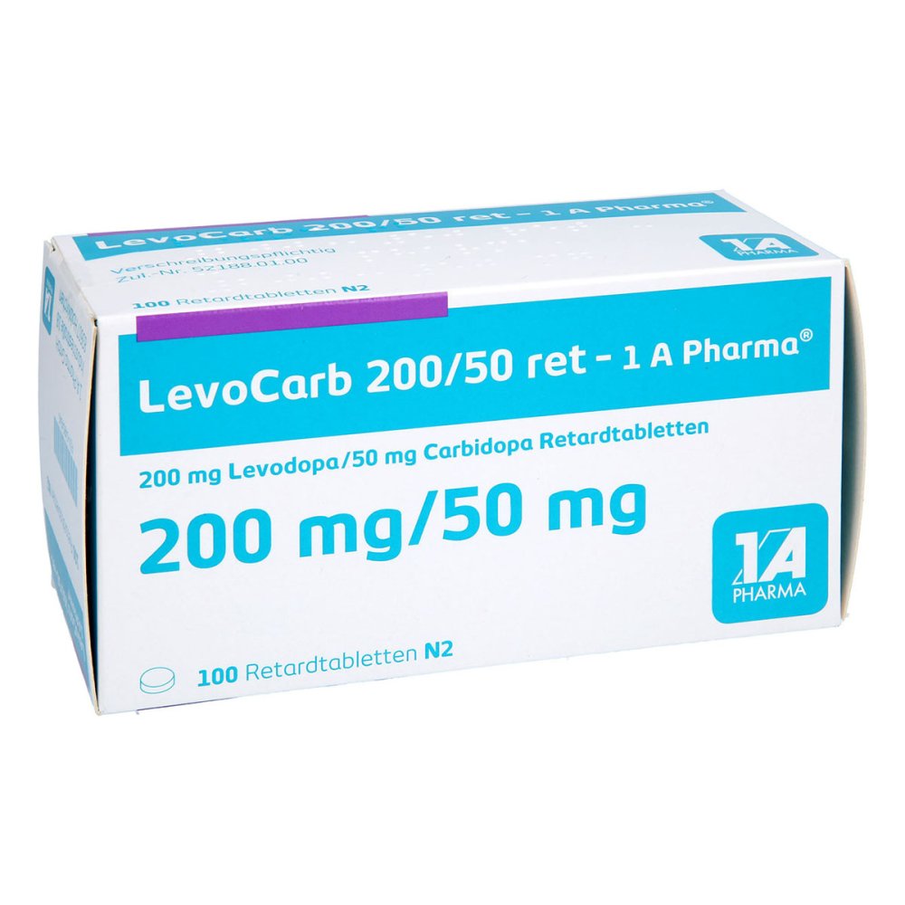 Das Produktfoto zeigt Levocarb 200/50 Ret-1a Pharma Retardtabletten (100 stk) PZN 04854940