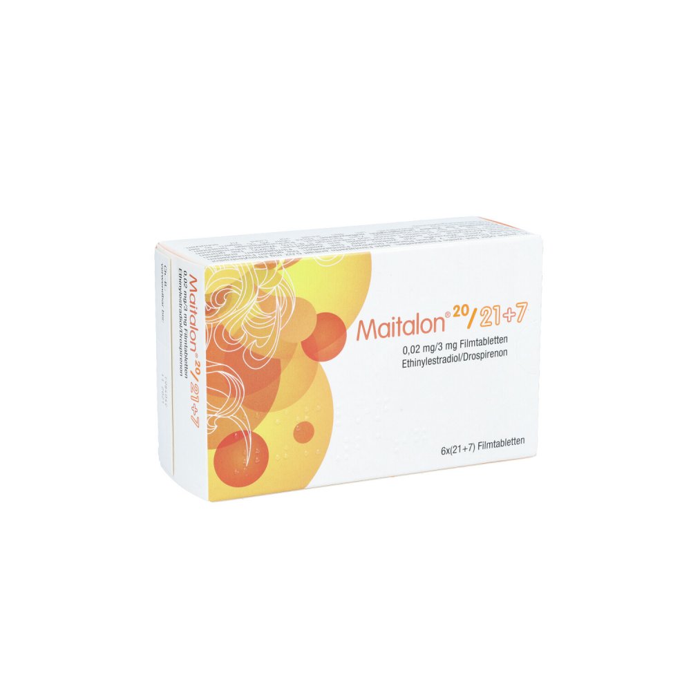 Das Produktfoto zeigt Maitalon 20/21+7 0,02 Mg/3 Mg Filmtabletten (6X28 stk) PZN 04860805