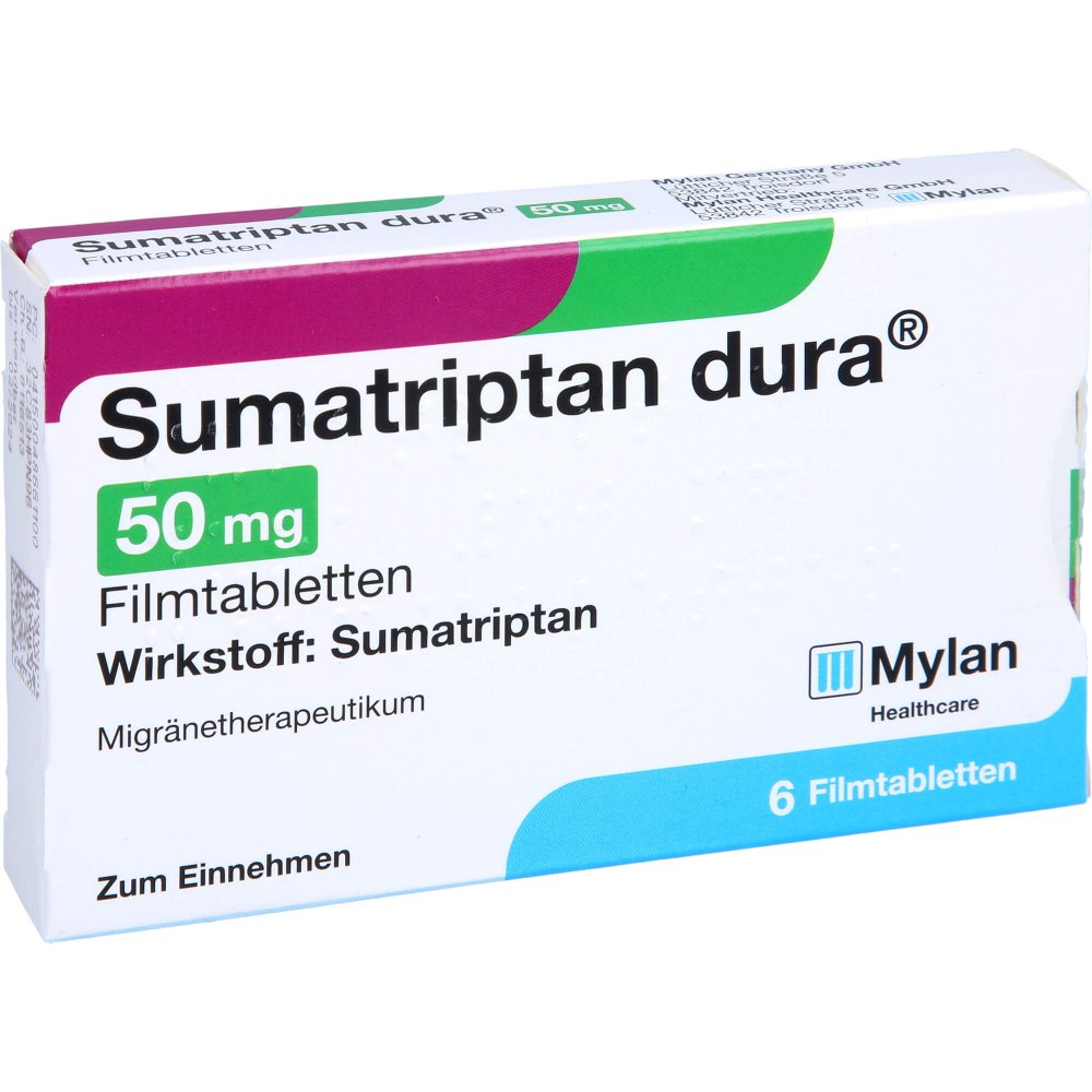 Das Produktfoto zeigt Sumatriptan Dura 50 Mg Filmtabletten (6 stk) PZN 04866110