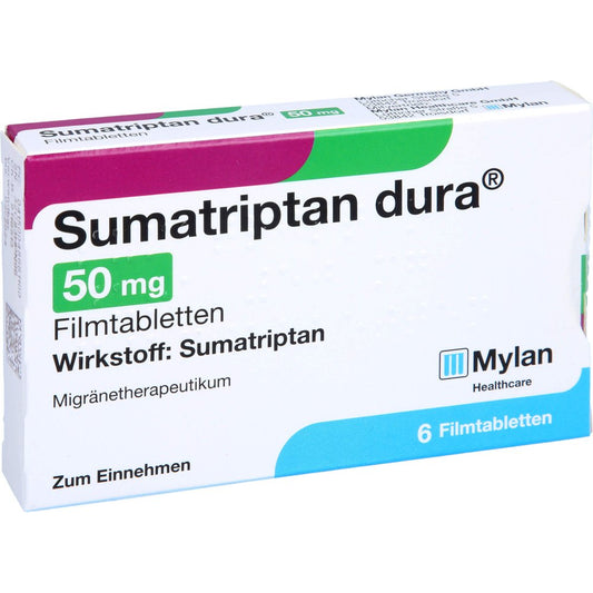 Das Produktfoto zeigt Sumatriptan Dura 50 Mg Filmtabletten (6 stk) PZN 04866110