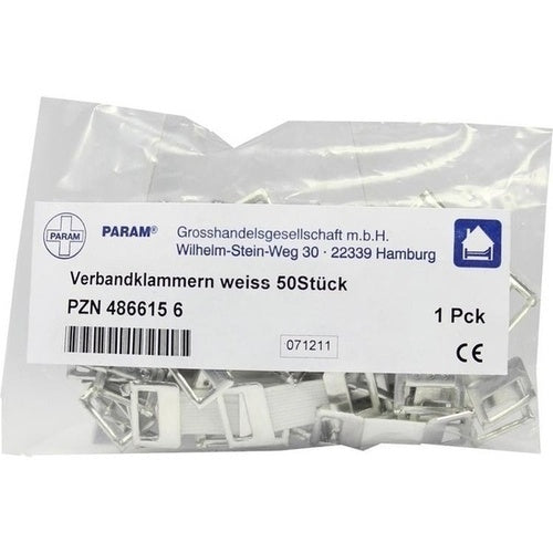 Das Produktfoto zeigt Verbandklammern Weiß (50 stk) PZN 04866156