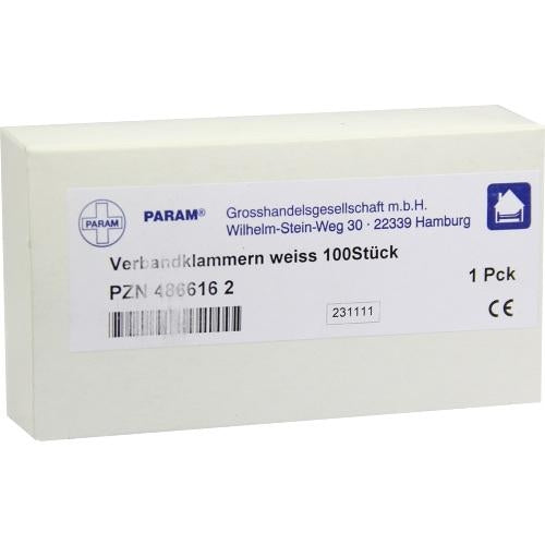 Das Produktfoto zeigt Verbandklammern Weiß (100 stk) PZN 04866162
