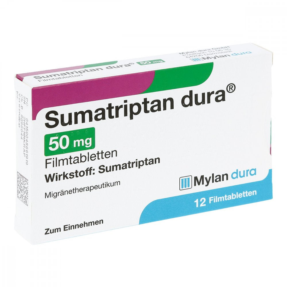 Das Produktfoto zeigt Sumatriptan Dura 50 Mg Filmtabletten (12 stk) PZN 04866191