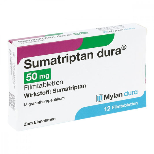 Das Produktfoto zeigt Sumatriptan Dura 50 Mg Filmtabletten (12 stk) PZN 04866191