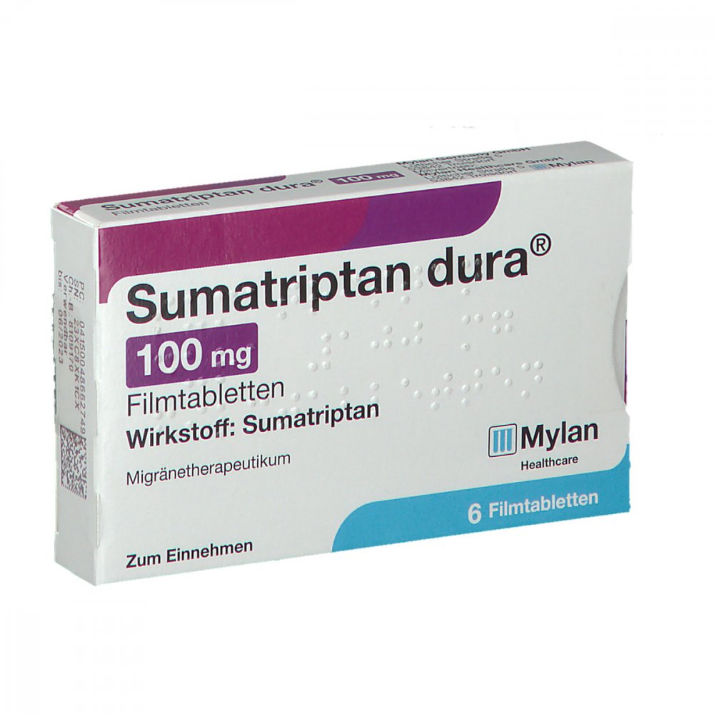 Das Produktfoto zeigt Sumatriptan Dura 100 Mg Filmtabletten (6 stk) PZN 04866274