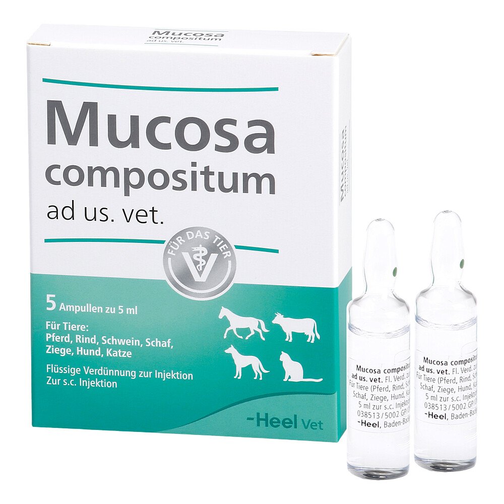 Das Produktfoto zeigt Mucosa Compositum Ad Us.Vet.Ampullen (5X5 ml) PZN 04871335