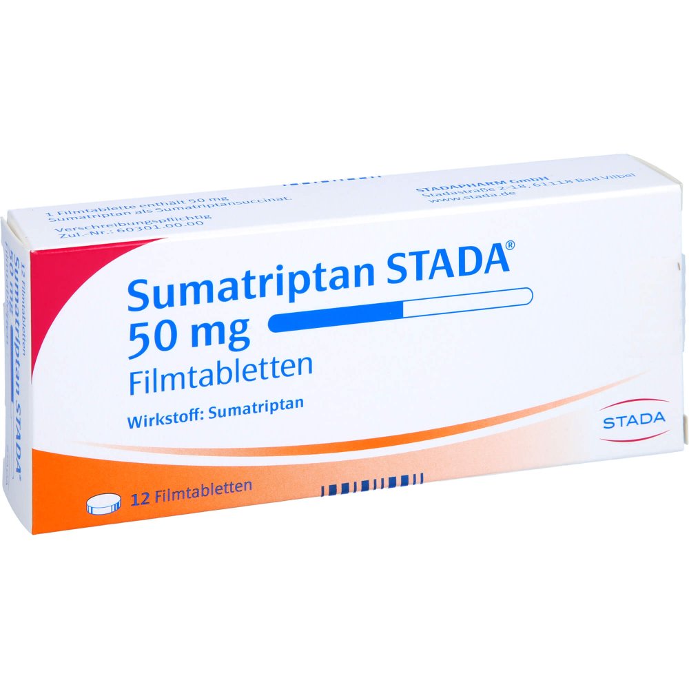 Das Produktfoto zeigt Sumatriptan Stada 50 Mg Filmtabletten (12 stk) PZN 04874434