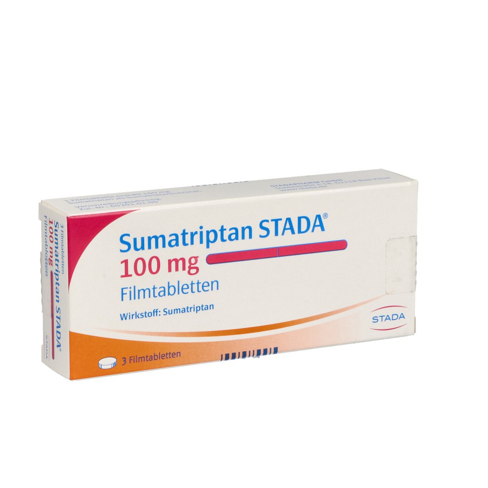 Das Produktfoto zeigt Sumatriptan Stada 100 Mg Filmtabletten (3 stk) PZN 04874486