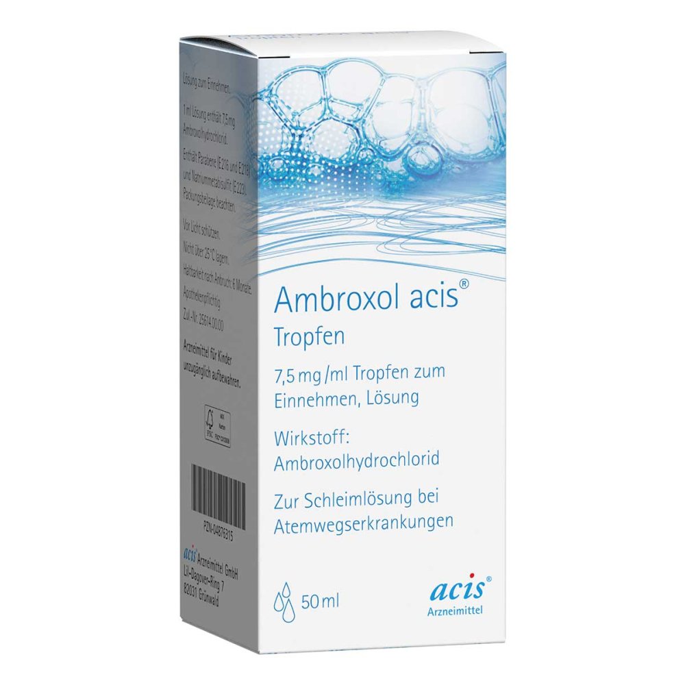 Das Produktfoto zeigt Ambroxol Acis Tropfen (50 ml) PZN 04876315