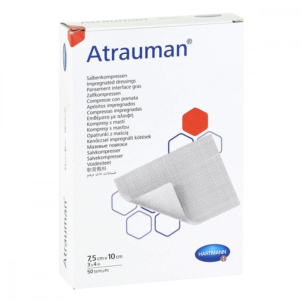 Das Produktfoto zeigt Atrauman 7,5x10 Cm Steril Kompressen (50 stk) PZN 04889849