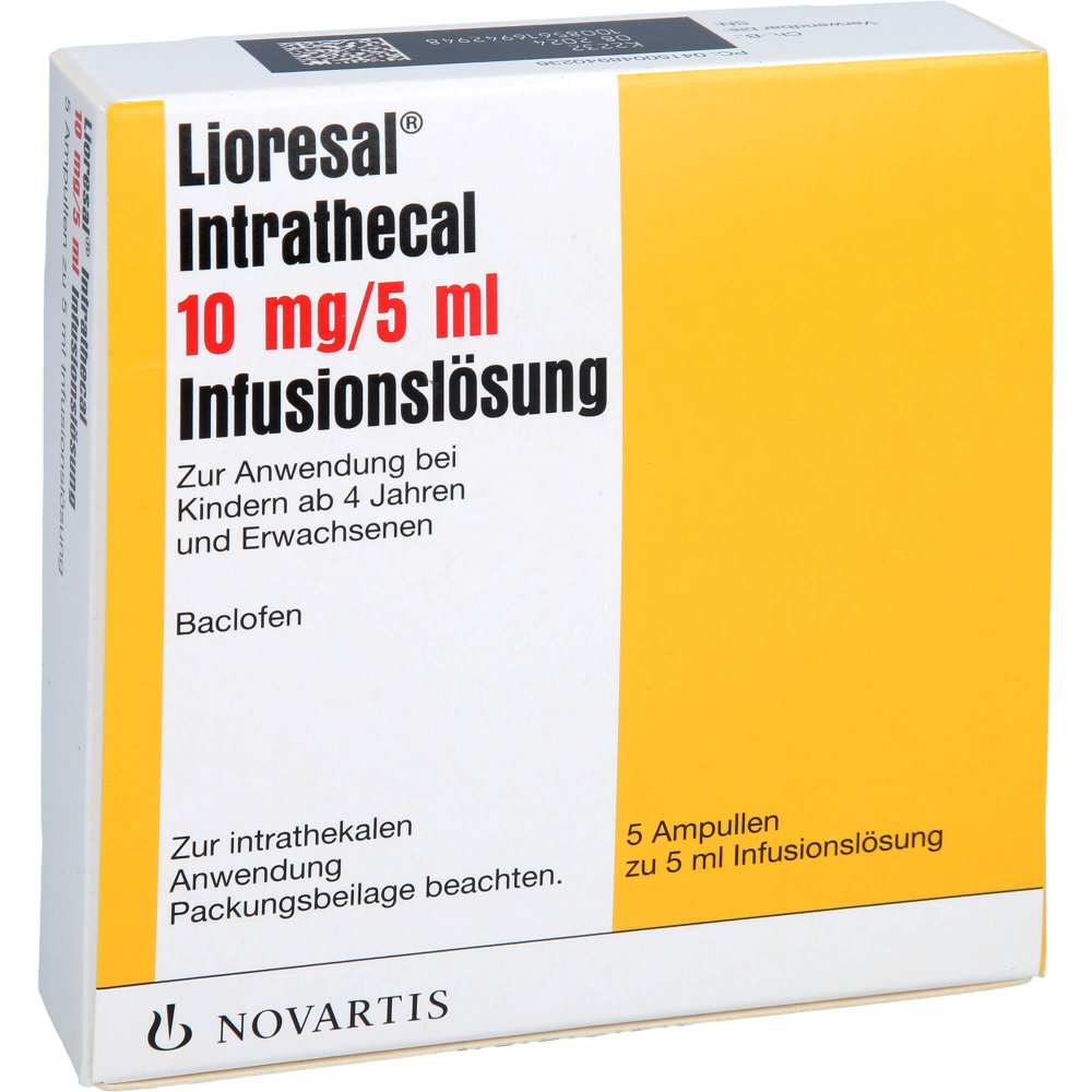 Das Produktfoto zeigt Lioresal Intrathecal 10 Mg Infusionslösung Amp. (5X5 ml) PZN 04894023