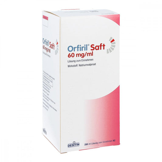 Das Produktfoto zeigt Orfiril Saft 60 Mg/Ml Lösung Zum Einnehmen (250 ml) PZN 04897228